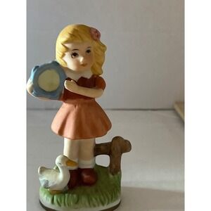 Vintage TOMA Ceramic Figurine Girl with Tambourine and Goose Made in Korea 5695